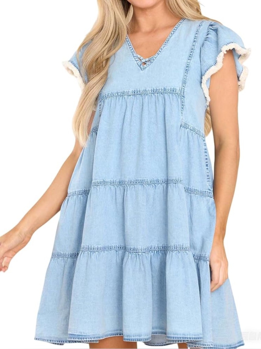 LIKE NEW: THML Light Blue V-Neck Chambray Dress